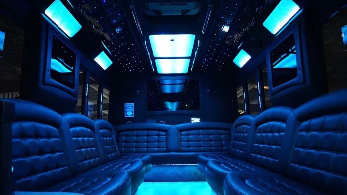 Wraparound seating and blue LED lights – Longmont limo service